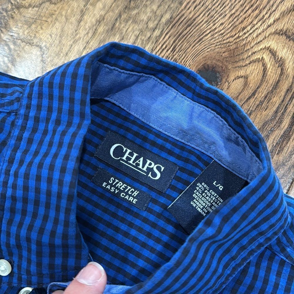 Chaps Men’s stretch blue/black checked Button Down. Sz L - Picture 3 of 5